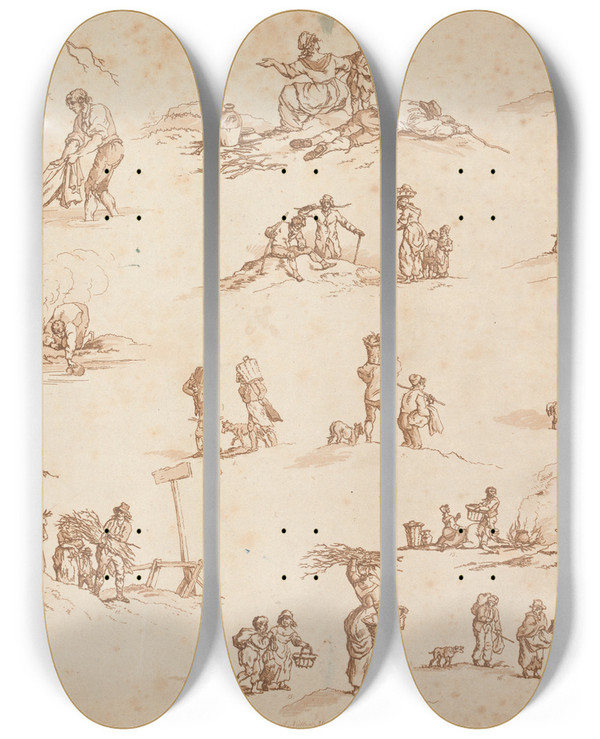 Triptych art skateboard deck of William Henry Pyne Miscellaneous Figures by William Henry Pyne (1769-1843)