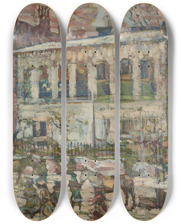 Triptych art skateboard deck of Maurice Prendergast Snowy Day Boston by Maurice Prendergast (1858-1924)
