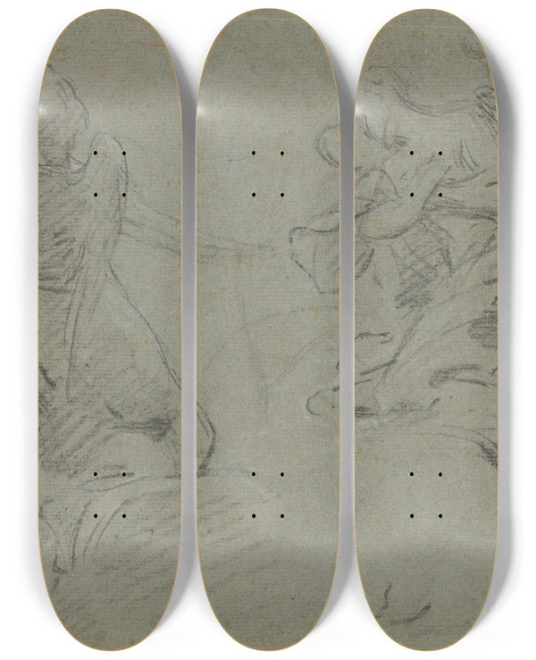Triptych art skateboard deck of Eustache Le Sueur Two Angels_1 by Eustache Le Sueur (1616-1655)