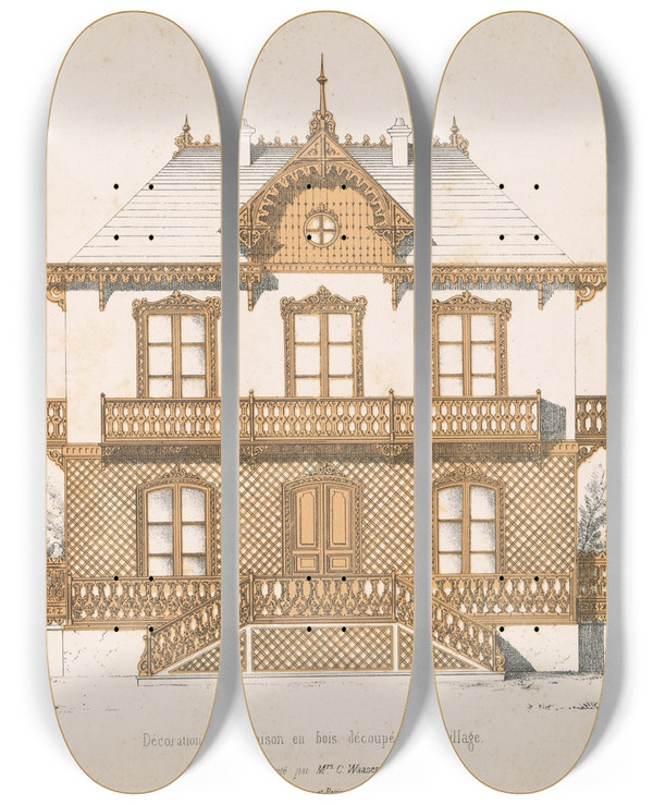 Triptych art skateboard deck of A Sanguineti La Decoration En Bois Decoupe Pl33 by A Sanguineti