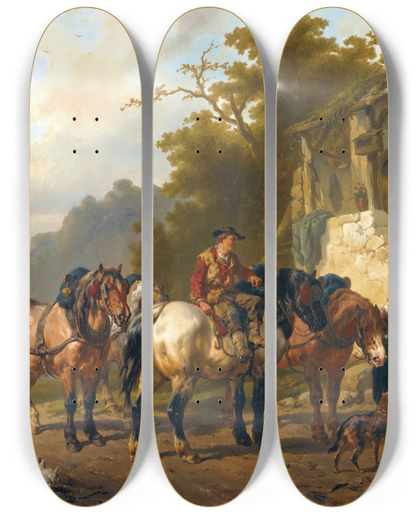 Triptych art skateboard deck of Wouterus Verschuur A Rest At The Inn by Wouterus Verschuur (1812-1874)