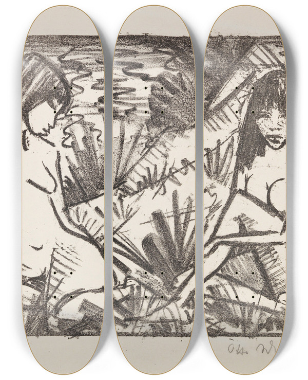 Triptych art skateboard deck of Otto Mueller Zwei In Dnen Sitzende Mdchen by Otto Mueller (1874-1930)