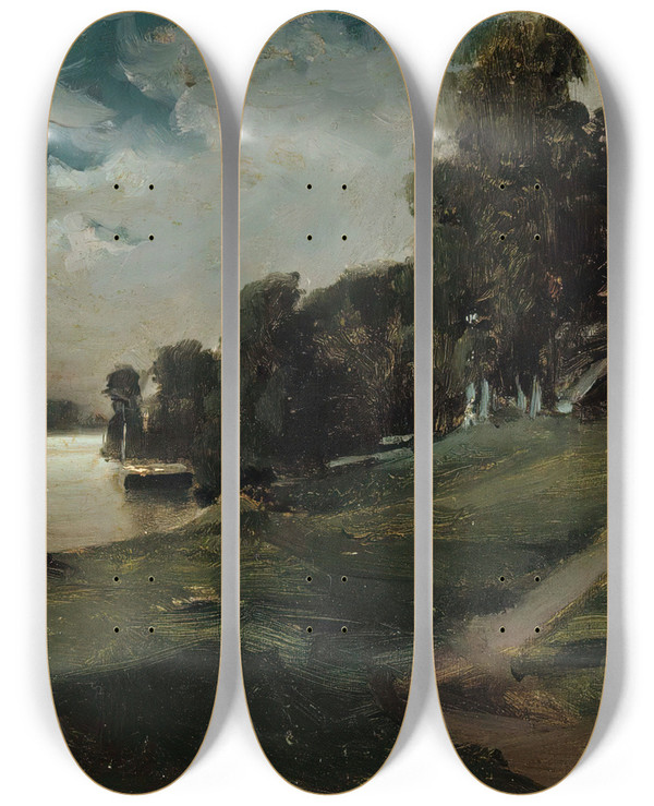 Triptych art skateboard deck of Albert Edelfelt Villa At Haikko In The Moonlight by Albert Edelfelt (1854-1905)