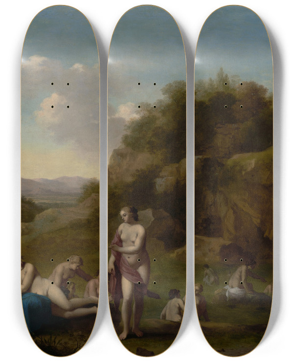 Triptych art skateboard deck of Cornelis Van Poelenburch Landscape With Bathing Nudes by Cornelis Van Poelenburch (1594-1667)