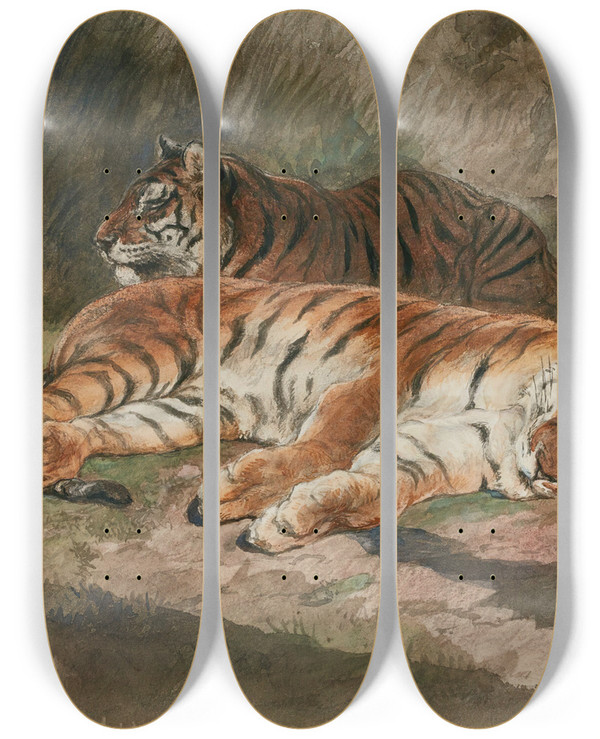Triptych art skateboard deck of Rosa Bonheur Two Recumbent Tigers by Rosa Bonheur (1822-1899)