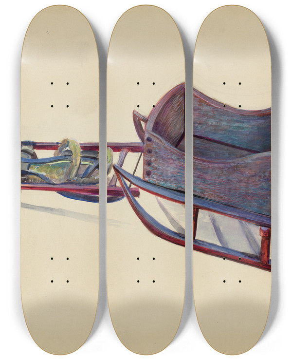 Triptych art skateboard deck of Mina Lowry Toy Sleigh by Mina Lowry (1894-1942)