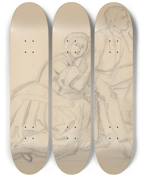 Triptych art skateboard deck of Jzef Simmler Study Of The Prince And A Kneeling Lady For The Painting The Upbringing Of Sigismund Augustus by Jozef Simmler (1823-1868)