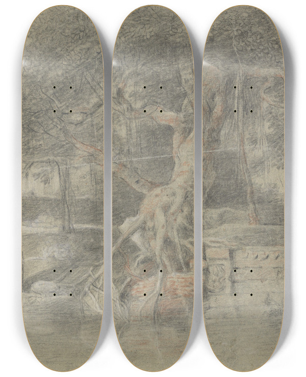 Triptych art skateboard deck of Johan Joseph Zoffany A Dying Hindu Brought To The River Ganges by Johan Joseph Zoffany (1733-1810)