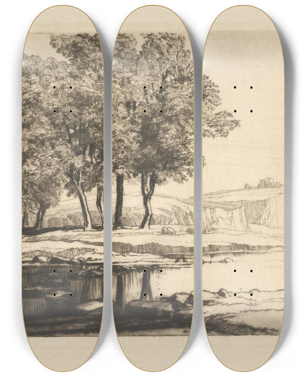 Triptych art skateboard deck of Frederick Landseer Maur Griggs Stepping Stones by Frederick Landseer Maur Griggs (1876-1938)