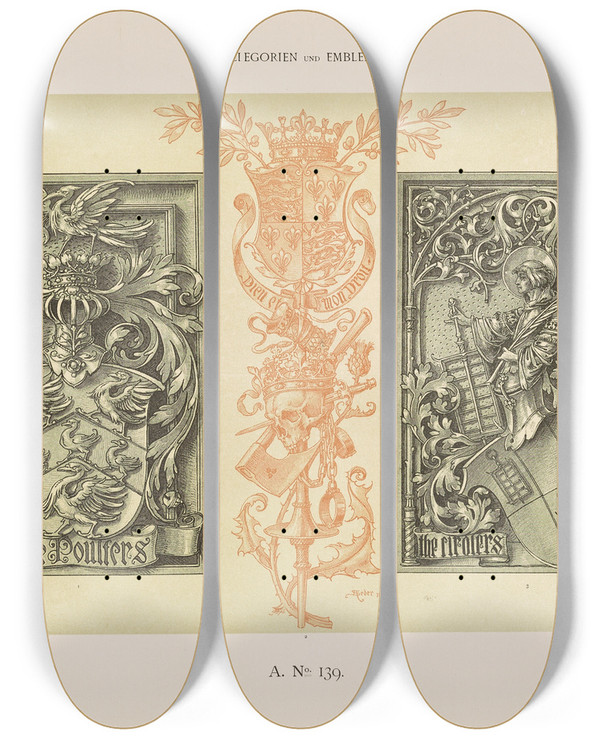 Triptych art skateboard deck of Albert Ilg Allegorien Und Embleme Vol Ii Pl150 by Albert Ilg (1847-1896)