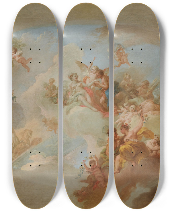 Triptych art skateboard deck of North Italian School A Bozetto With Flora And Zephyr Mars And Venus And The Signs Of The Zodiac by North Italian School