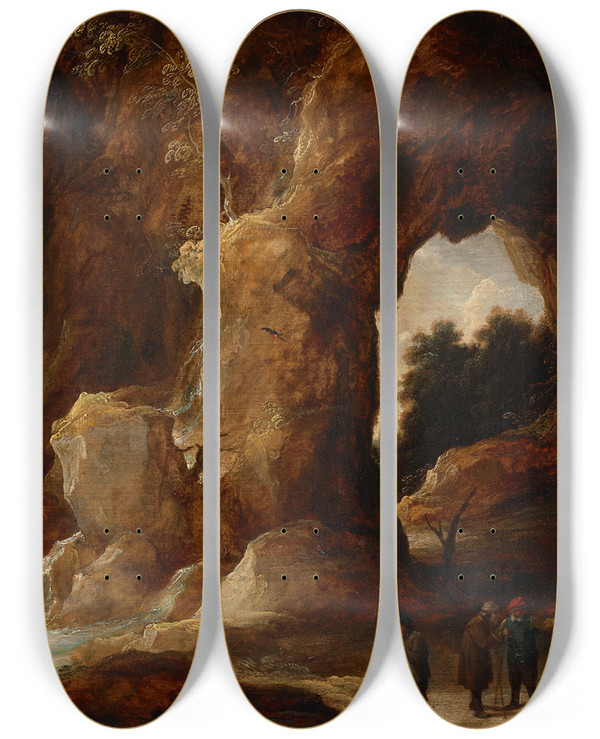 Triptych art skateboard deck of David Teniers The Younger A Grotto With Figures A Stag And Stork by David Teniers The Younger (1610-1690)