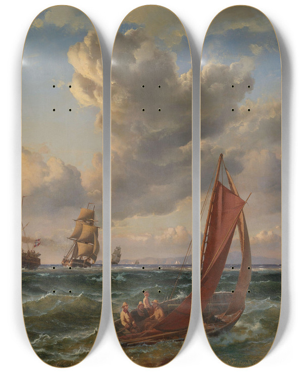 Triptych art skateboard deck of Carl Frederik Srensen Seascape by Carl Frederik Sorensen (1818-1879)