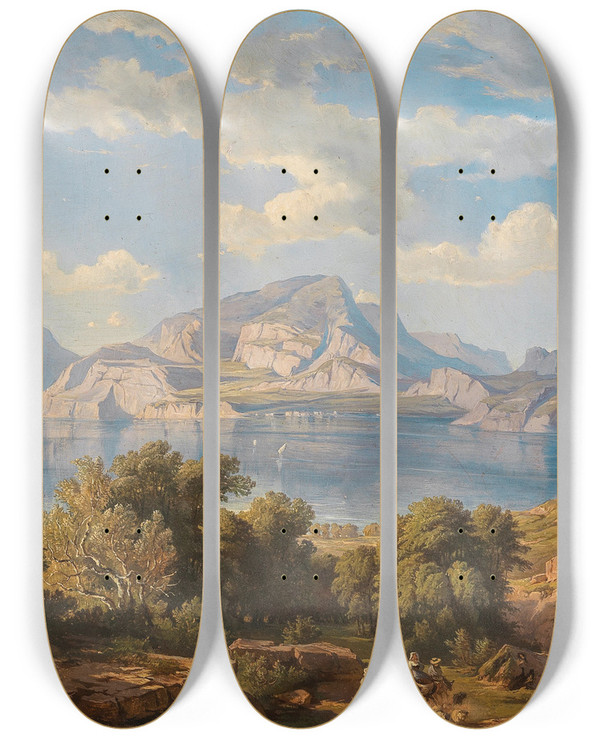 Triptych art skateboard deck of Fritz Bamberger A View Of Capo Miseno With Vesuvius In The Background by Fritz Bamberger (1814-1873)