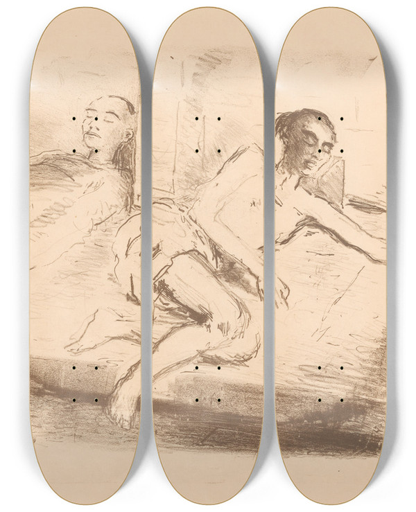 Triptych art skateboard deck of Marius Bauer Twee Opiumschuivers by Marius Bauer (1867-1932)