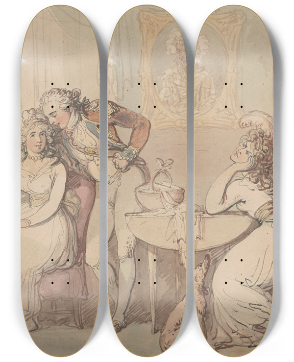 Triptych art skateboard deck of Thomas Rowlandson Jealousy The Rival by Thomas Rowlandson (1756-1827)