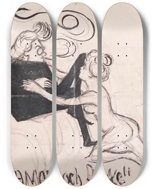 Triptych art skateboard deck of Ivar Arosenius Eros And Psyche by Ivar Arosenius (1878-1909)