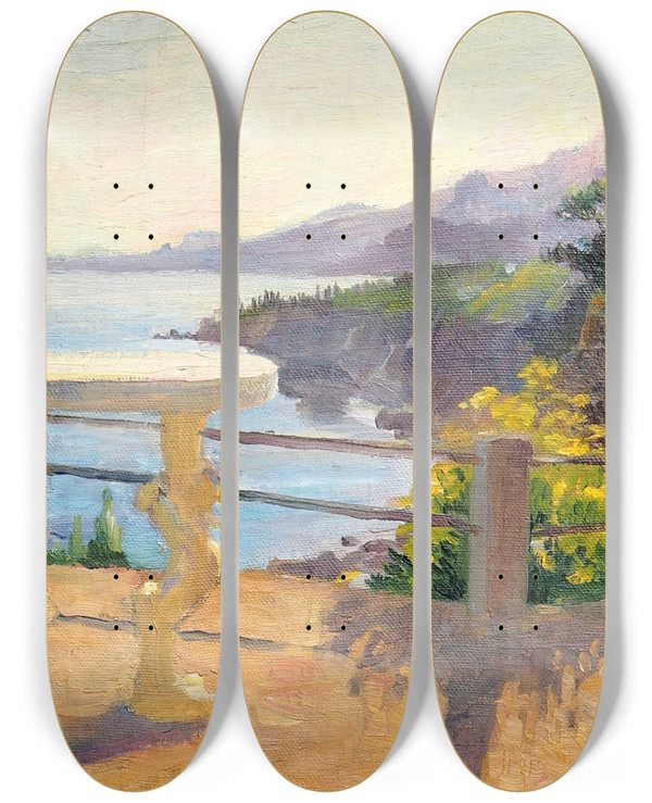 Triptych art skateboard deck of Lilly Walther Krimmi Vaade by Lilly Walther (1866-1946)