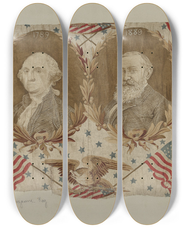 Triptych art skateboard deck of Suzanne Roy Historical Printed Cotton by Suzanne Roy