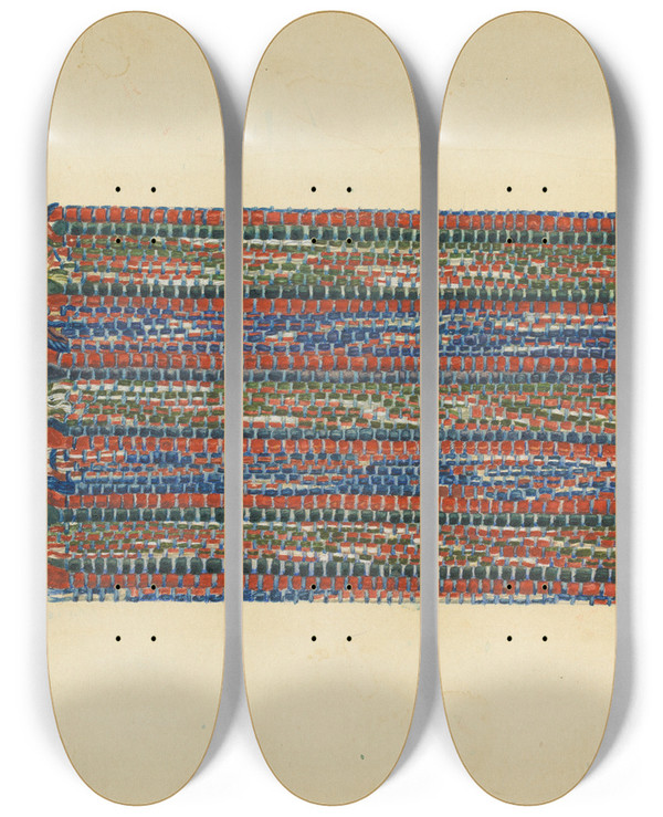 Triptych art skateboard deck of Lucille Chabot Shaker Rug Strip by Lucille Chabot