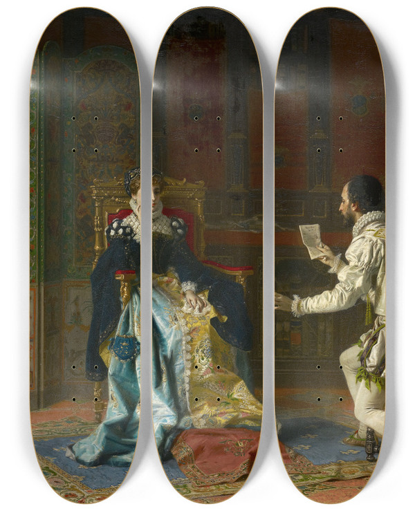 Triptych art skateboard deck of Antonio Barzaghicattaneo Tasso Reads His Liberated Jerusalem To Princess Eleonora Deste by Antonio Barzaghi Cattaneo (1831-1922)