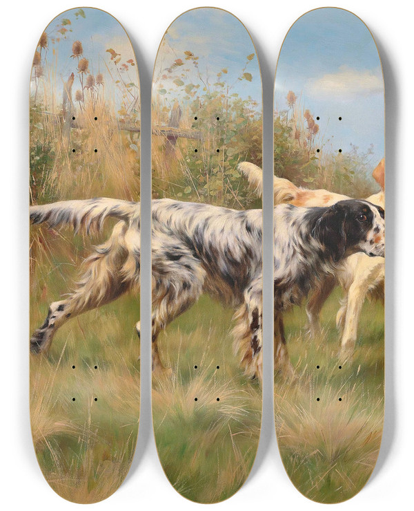 Triptych art skateboard deck of Thomas Blinks Two English Setters by Thomas Blinks (1853-1912)