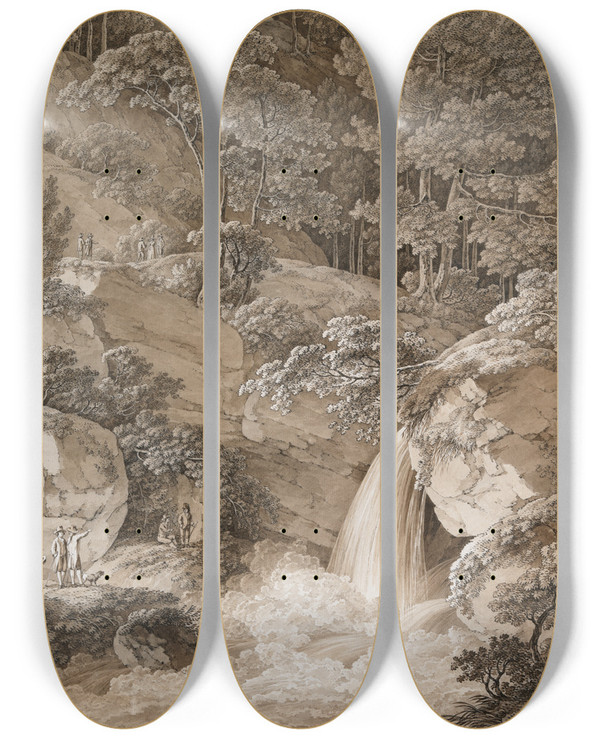 Triptych art skateboard deck of Adrian Zingg View Of The Amselfall In Saxony by Adrian Zingg (1734-1816)