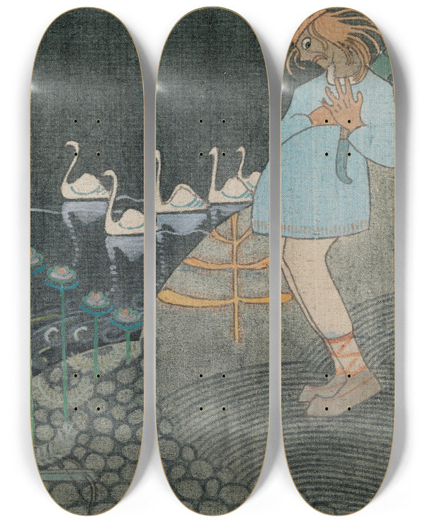 Triptych art skateboard deck of Joseph Alanen Lemminkinen And The Cowherd by Joseph Alanen (1885-1920)