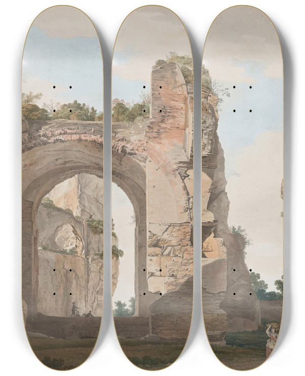 Triptych art skateboard deck of Giovanni Battista Lusieri A View Of The Ruins Of The Baths Of Caracalla by Giovanni Battista Lusieri (1755-1821)