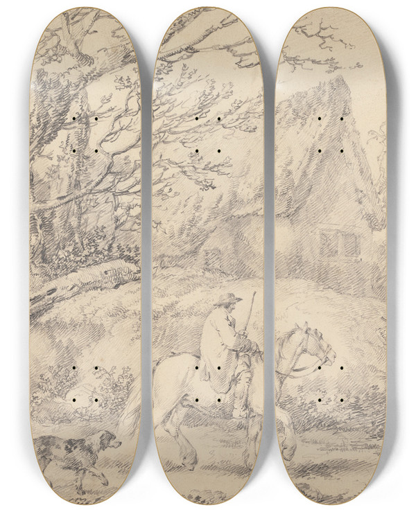 Triptych art skateboard deck of George Morland Landscape With Cottage And Figures On Horseback by George Morland (1763-1804)