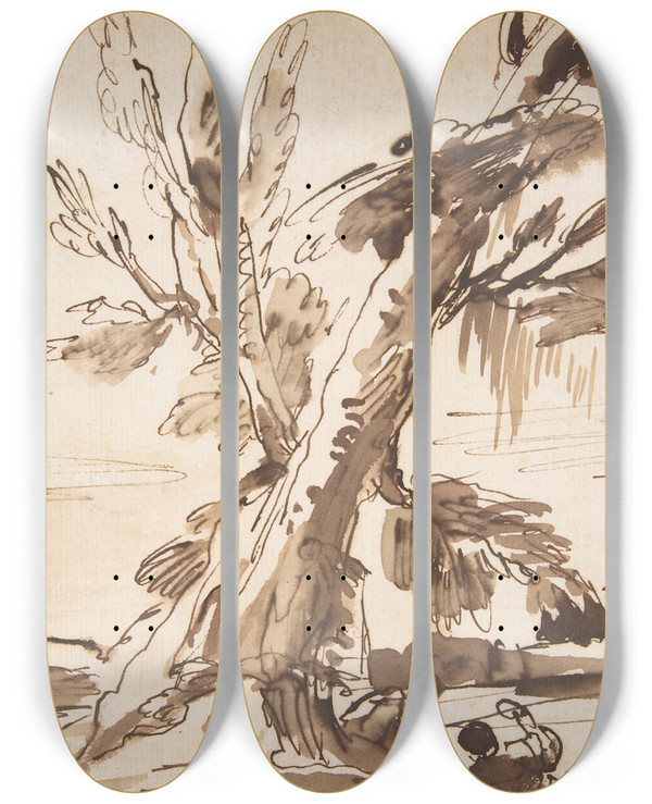Triptych art skateboard deck of Pier Francesco Mola Landscape With Two Men Under A Tree by Pier Francesco Mola (1612-1666)