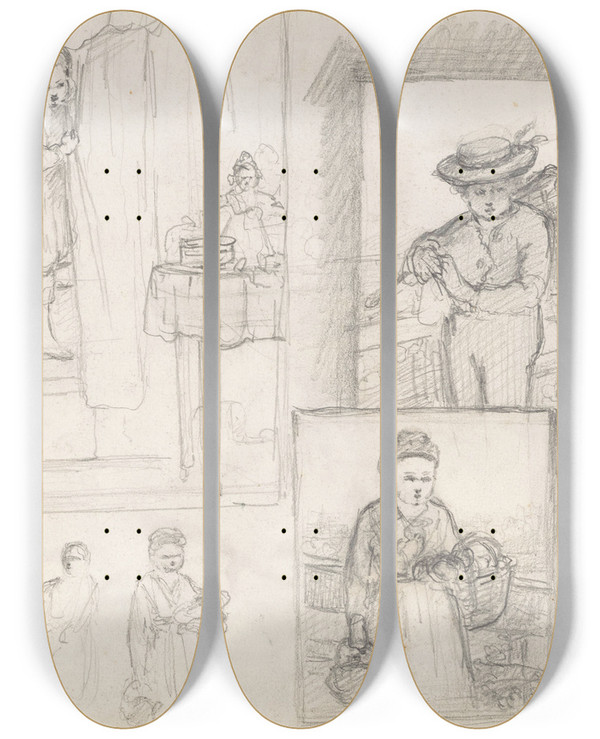 Triptych art skateboard deck of Hendrik Valkenburg Schetsen Van Kinderen Op Sinterklaasochtend Jongen En Meisje Met Een Mand by Hendrik Valkenburg (1826-1896)