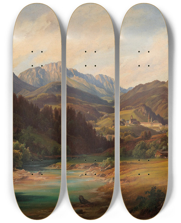 Triptych art skateboard deck of Anton Schiffer Landschaft Mit Kloster by Anton Schiffer (1811-1876)