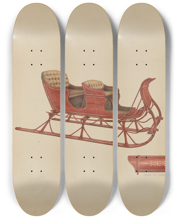Triptych art skateboard deck of Rolland Ayres Two Seated Sleigh by Rolland Ayres