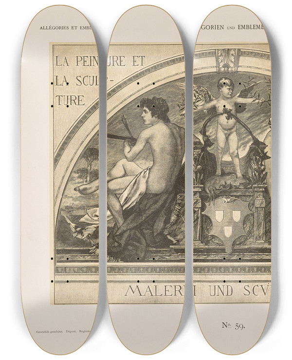 Triptych art skateboard deck of Albert Ilg Allegorien Und Embleme Vol I Pl066 by Albert Ilg (1847-1896)