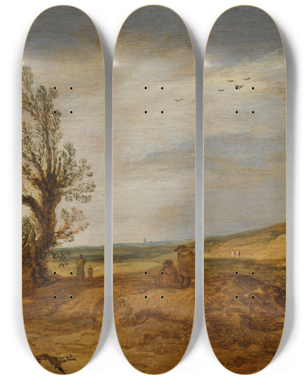 Triptych art skateboard deck of Esaias Van De Velde A View In The Dunes by Esaias van de Velde (1587-1630)