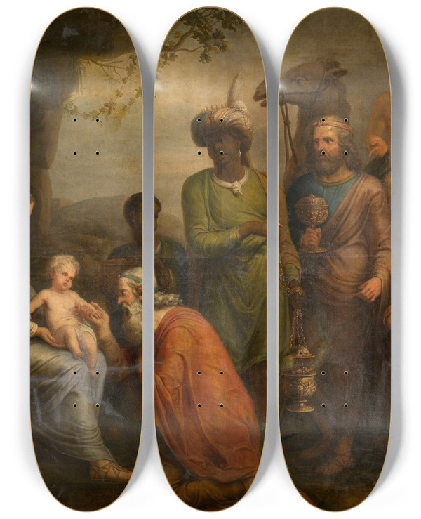 Triptych art skateboard deck of Andries Cornelis Lens The Adoration Of The Magi by Andries Cornelis Lens (1739-1822)