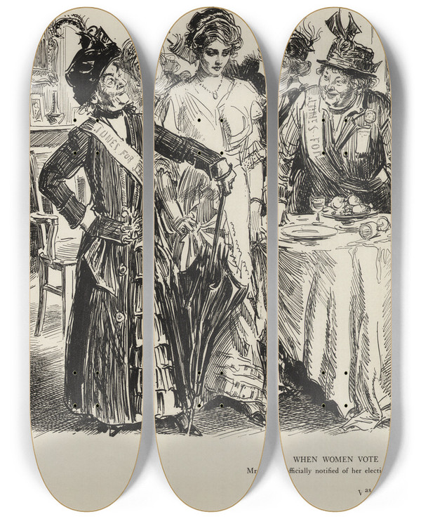 Triptych art skateboard deck of Charles Dana Gibson When Women Vote by Charles Dana Gibson (1867-1944)