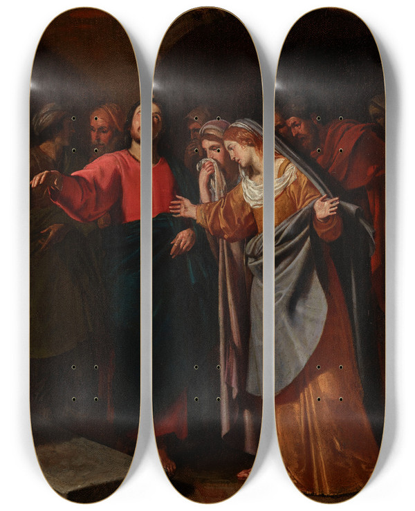 Triptych art skateboard deck of Andrea Vaccaro The Raising Of Lazarus by Andrea Vaccaro (1604-1670)
