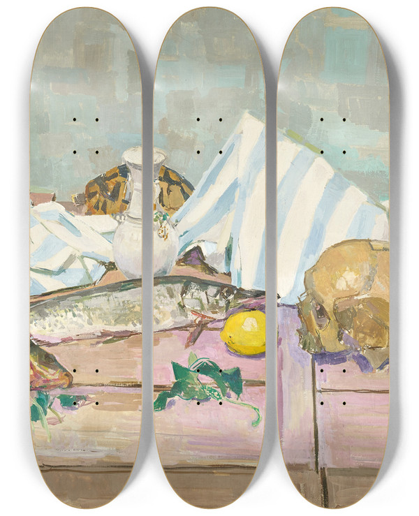 Triptych art skateboard deck of Felix Esterl Etillleben Mit Totenkopf Und Fischen by Felix Esterl (1894-1931)