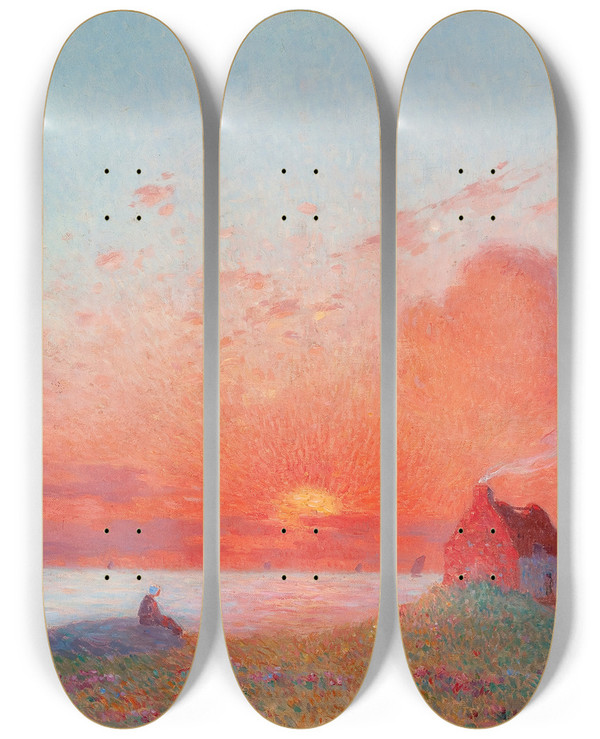 Triptych art skateboard deck of Ferdinand Du Puigaudeau Coucher De Soleil Prs Du Croisic by Ferdinand Du Puigaudeau (1864-1930)