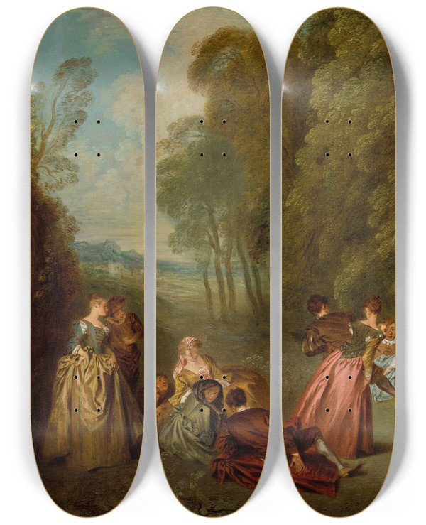 Triptych art skateboard deck of Jeanbaptiste Pater Les Divertissements Champtres by Jean-Baptiste Pater (1695-1736)