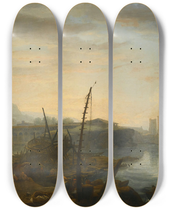 Triptych art skateboard deck of Adrien Manglard A Mediterranean Port With Figures Resting And Fishermen Drawing In Their Nets In The Foreground A Tower Beyond by Adrien Manglard (1695-1760)