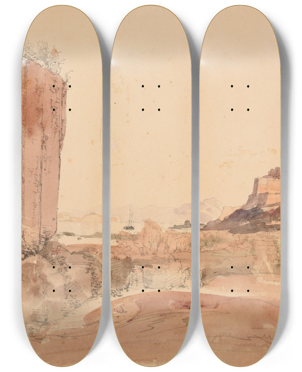 Triptych art skateboard deck of Jacquesraymond Brascassat Paysage De Ruines Et Chteaufort by Jacques Raymond Brascassat (1804-1867)