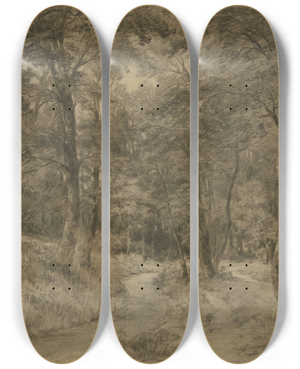 Triptych art skateboard deck of Adolf Hoeffler Forest Path by Adolf Hoeffler (1825-1898)