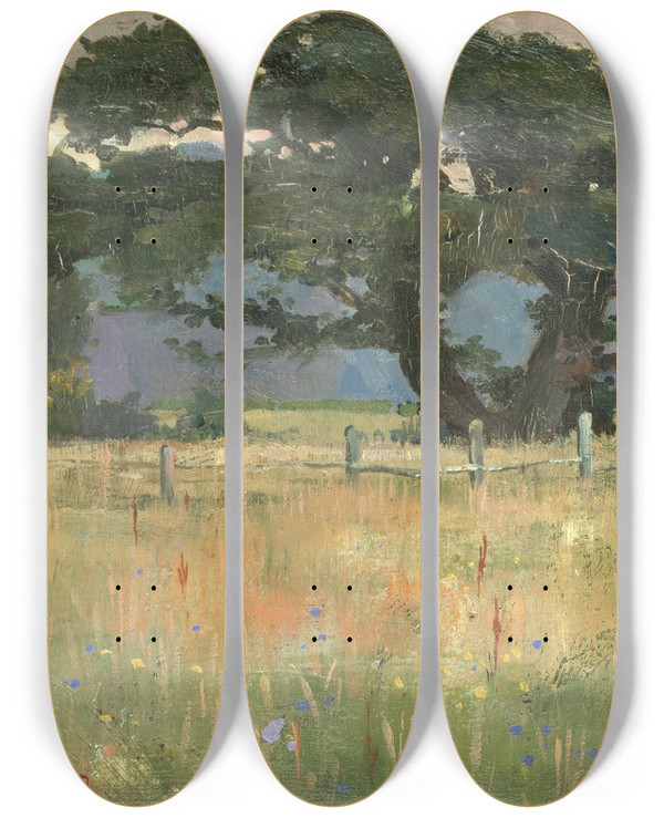 Triptych art skateboard deck of Edward Reginald Frampton Landscape by Edward Reginald Frampton (1870-1923)