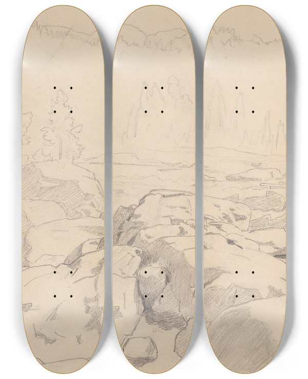 Triptych art skateboard deck of Hans Gude Ved Labrofossen by Hans Gude (1825-1903)