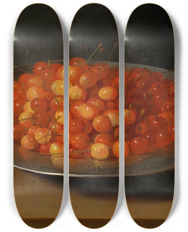 Triptych art skateboard deck of Osias Beert The Elder Still Life With Cherries by Osias Beert The Elder (1580-1624)