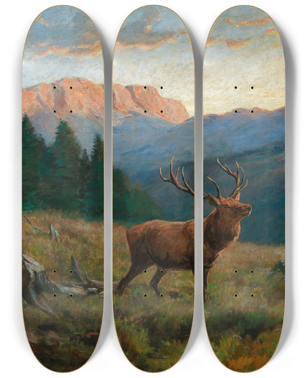 Triptych art skateboard deck of Franz Xaver Von Pausinger A Royal Stag At Dusk by Franz Xaver von Pausinger (1839-1915)