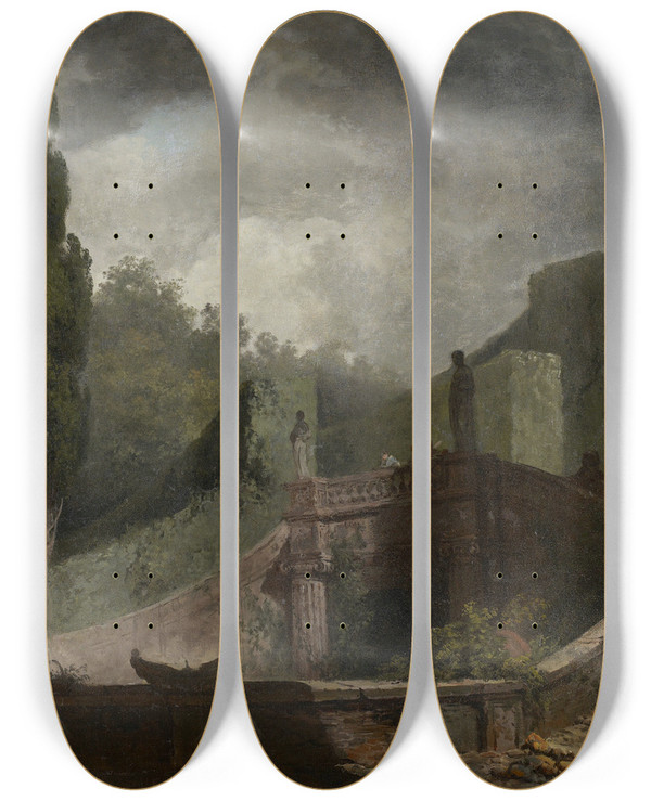 Triptych art skateboard deck of Jeanhonor Fragonard The Grand Staircase Of The Villa Deste At Tivoli by Jean-Honor Fragonard (1732-1806)